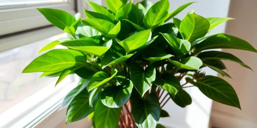 A lush green plant with broad leaves grows close to a sunny window, perfect for air-conditioned rooms.