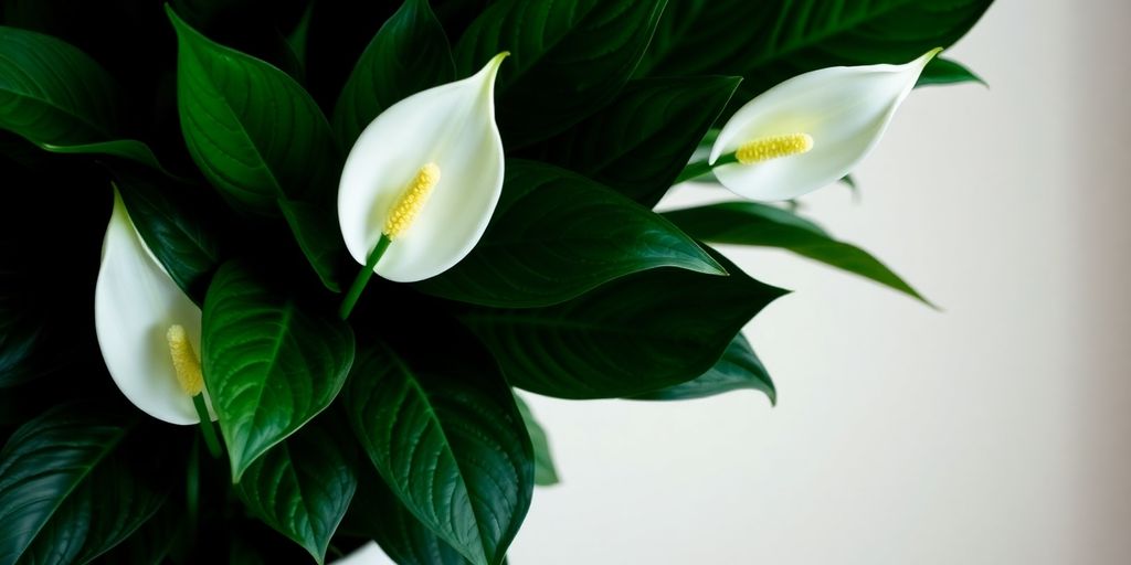 Close-up de lírios-da-paz brancos, uma das oito lindas plantas que gostam de sombra e são ideais para ambientes internos, com espádices amarelas e folhas verde-escuras. Shade-loving plants: 8 gorgeous options for indoors oasis