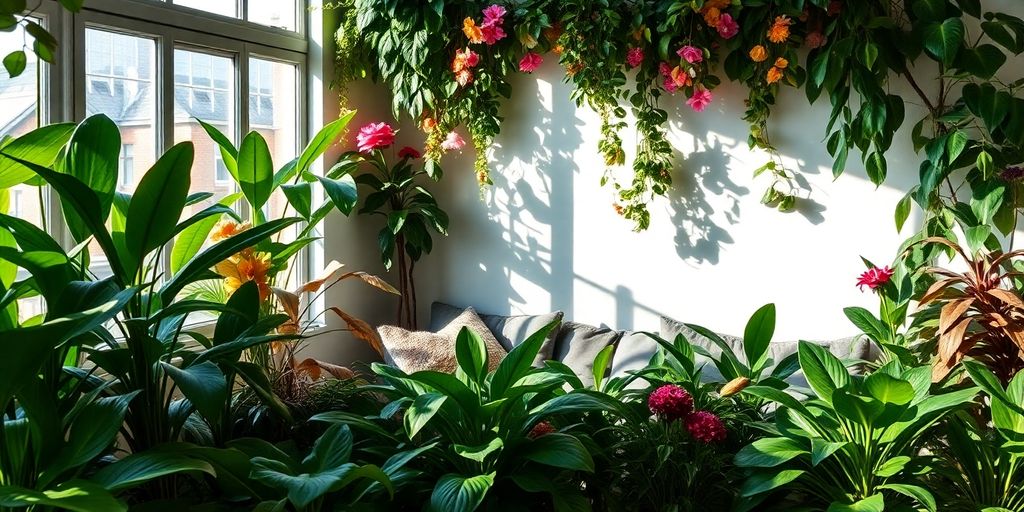 Um recanto aconchegante na janela com as melhores plantas de interior para decorar sua sala de estar e flores coloridas sob a luz do sol. The best indoor plants for decorating your living room