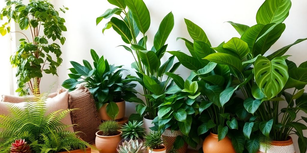 As melhores plantas de interior para decorar sua sala de estar, dispostas com folhas verdes exuberantes sobre uma superfície de madeira perto de uma parede branca. The best indoor plants for decorating your living room