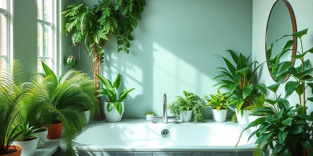 Um banheiro iluminado com uma banheira branca, vasos de plantas verdejantes e ideias das melhores plantas para manter em seu banheiro. The best plants to keep in your bathroom