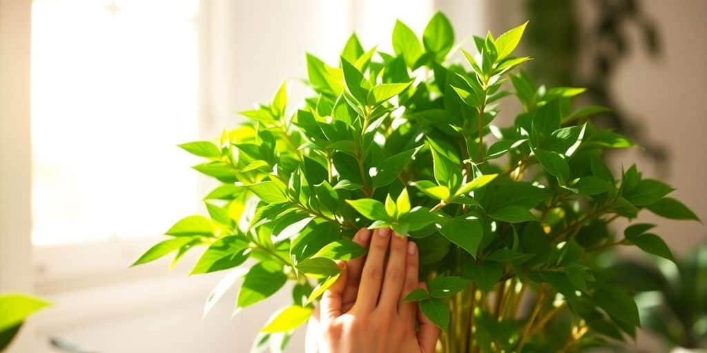 Hands gently touching shiny green leaves under sunlight, highlighting the mental health benefits of taking care of plants.