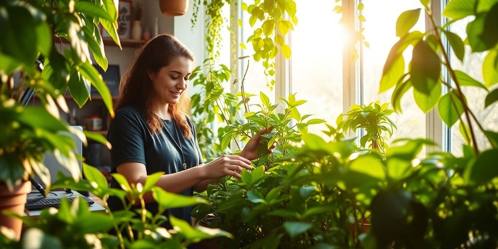 A woman enjoys the mental health benefits of taking care of plants near a sunny window in her cozy indoor garden.