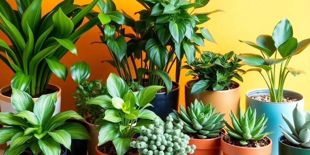 As plantas de interior mais resistentes para iniciantes, com folhas verdes e suculentas, destacam-se em um fundo amarelo brilhante.
