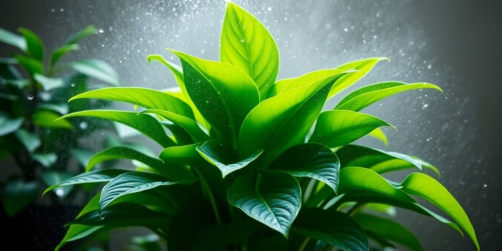 Shiny green leaves of plants with a mist of water, showing tips to keep indoor plants moisturized in dry environments.