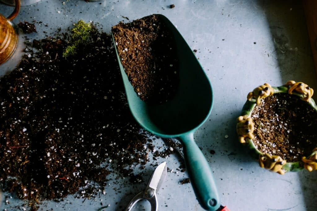 Pá de jardim verde, substrato para vasos — aprenda o que é substrato para vasos e qual tipo é melhor para plantas domésticas — além de tesoura e plantador. What is potting mix and which type is best for houseplants