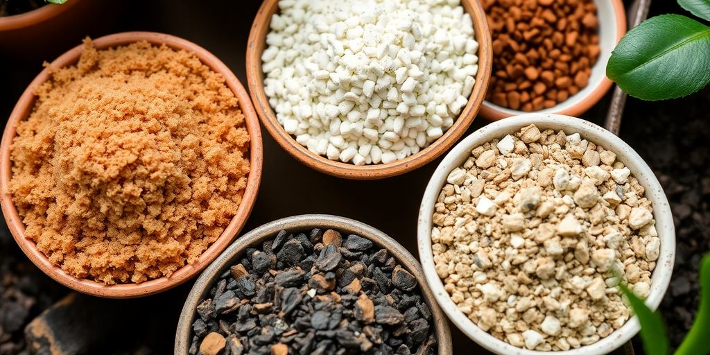 Cinco tigelas com terra e nutrientes para plantas, vistas de cima — descubra o que é substrato para vasos e qual tipo é mais adequado para plantas domésticas. What is potting mix and which type is best for houseplants