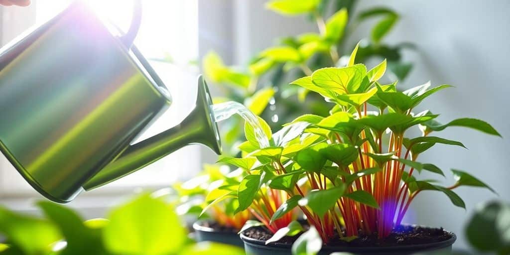 A watering can pours water into pots of green plants near a sunny window. What is the best time of day to water indoor plants?