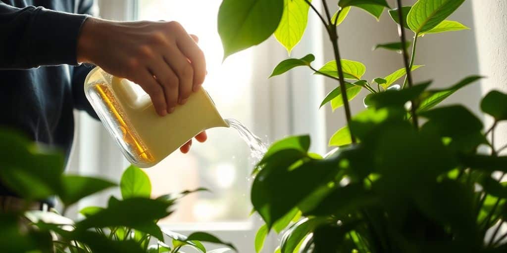 A person waters green indoor plants near a sunlit window. What is the best time of day to water indoor plants?