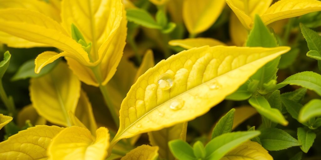 Bright yellow leaves with water droplets — learn what to do when your plants leaves turn yellow among the green foliage.