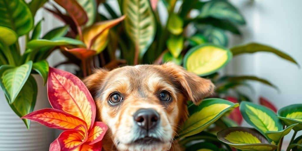 Um cachorro marrom sentado entre plantas vibrantes — Quais plantas são tóxicas para animais de estimação? Dicas importantes de segurança para mantê-los seguros. Which plants are toxic for pets? Important safety tips