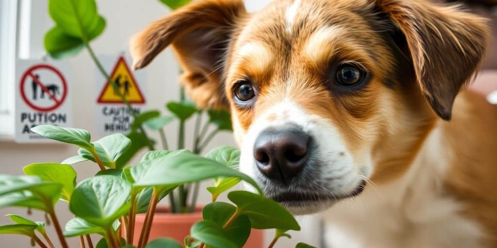 Um cachorro marrom e branco fareja plantas perto de placas de alerta — Quais plantas são tóxicas para animais de estimação? Aprenda dicas importantes de segurança.