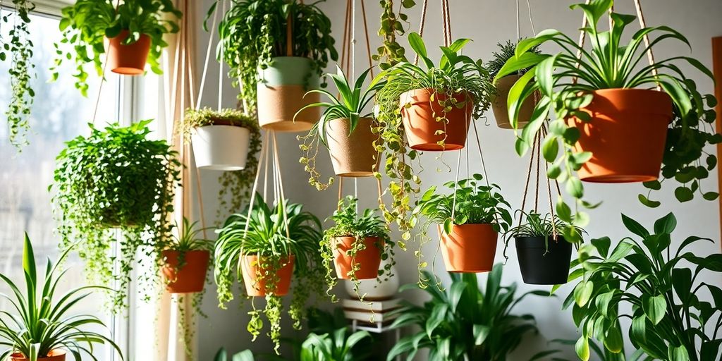 Colorful hanging plants in a cozy home interior.