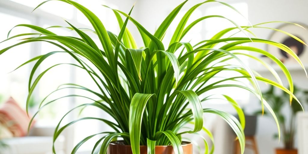 Uma planta-aranha vibrante em um vaso, com folhas longas e arqueadas — uma das 7 ótimas plantas purificadoras de ar para sua casa.