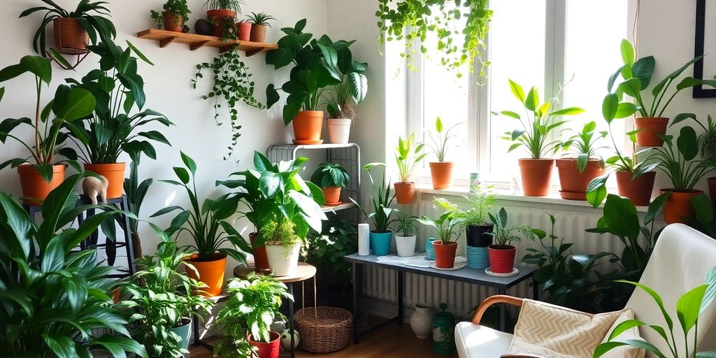 Indoor green corner with houseplants and cozy decor.