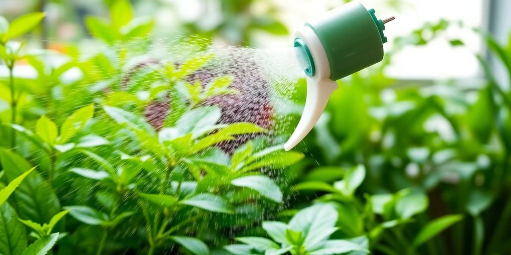Spray bottle misting water on green indoor plants.