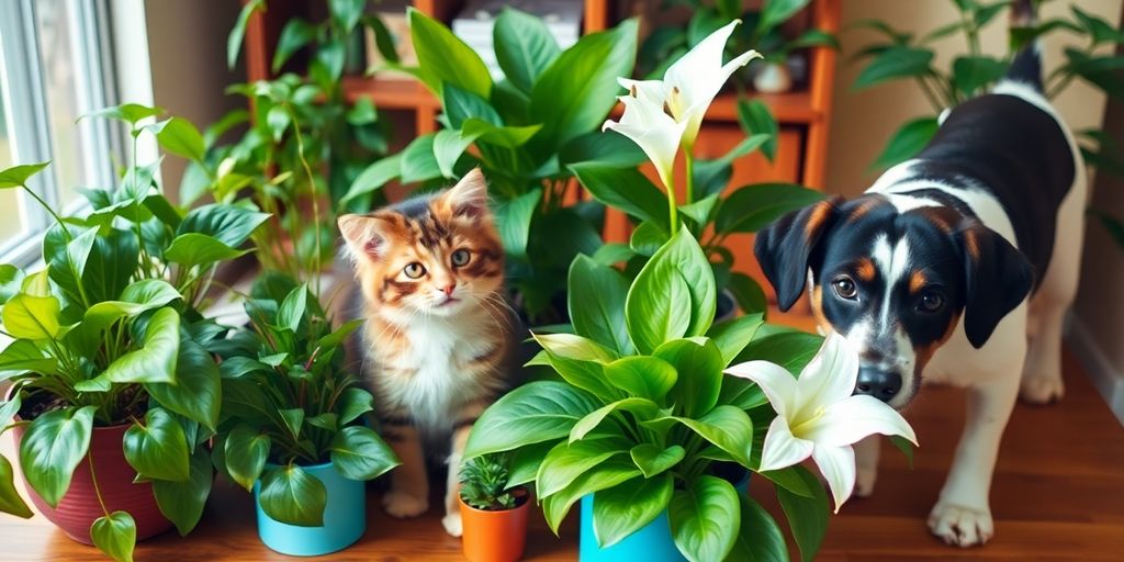 Cat and dog exploring toxic houseplants on a table.
