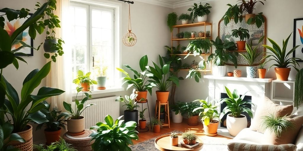 Living room filled with various decorative indoor plants.