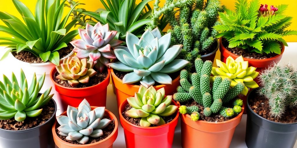 Colorful low-maintenance plants in decorative pots.