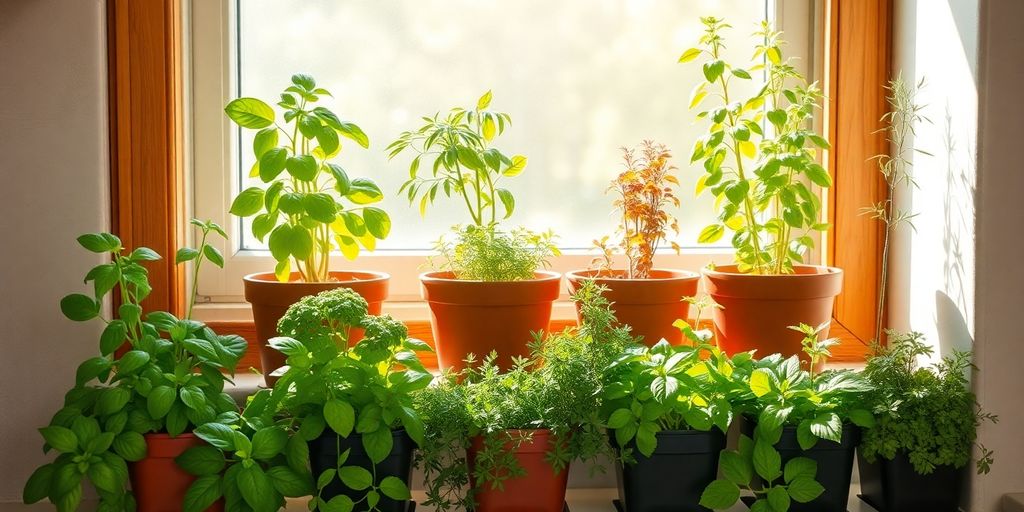 Fresh aromatic herbs growing in kitchen pots.