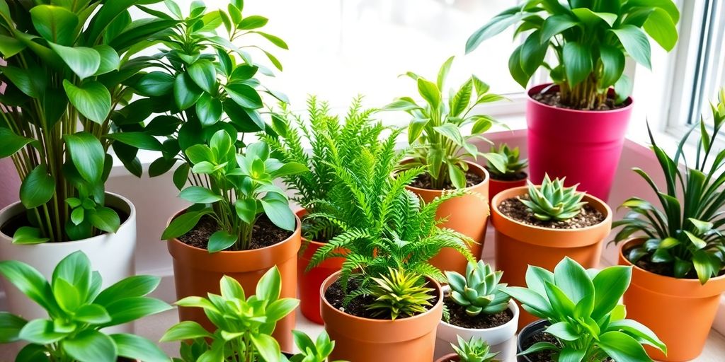 Colorful beginner-friendly houseplants in stylish pots.