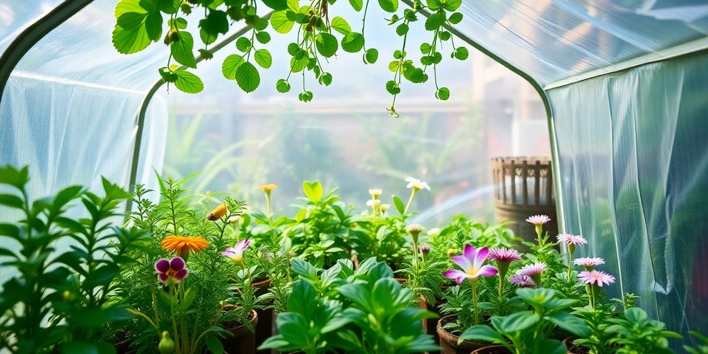 A mini greenhouse with delicate plants inside it.