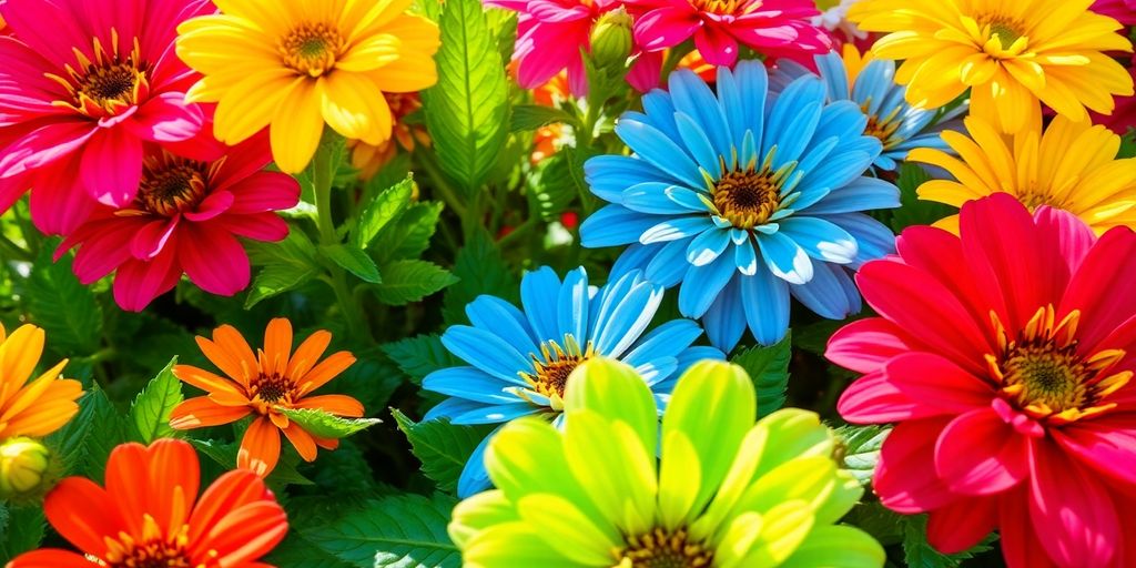 Colorful blooming flowers in a lush garden setting.