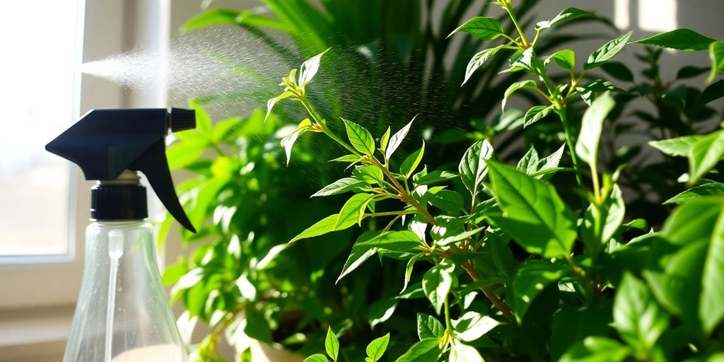 Close-up of indoor plants with a misting spray bottle.
